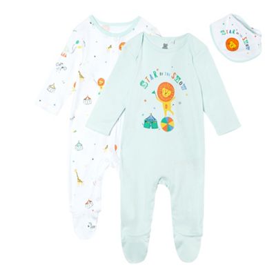 Pack of two baby boys' light blue and white printed sleepsuits with a bib